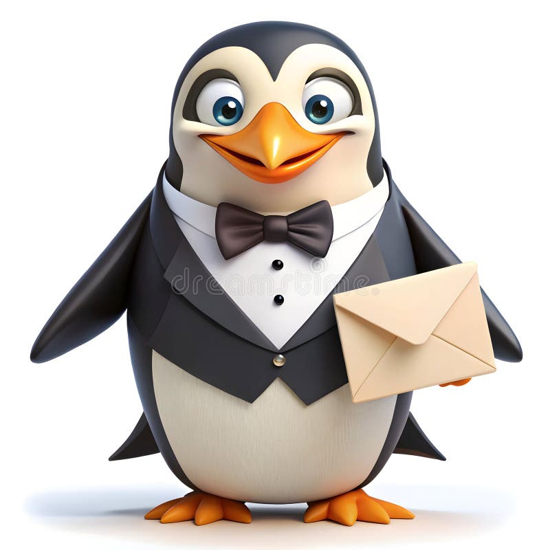 Ein Dapper Pinguin in einem Tuxedo liefert Einladungen für Hochzeiten vektor abbildung