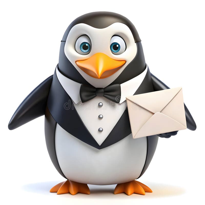 Ein Dapper Pinguin in einem Tuxedo liefert Einladungen für Hochzeiten vektor abbildung