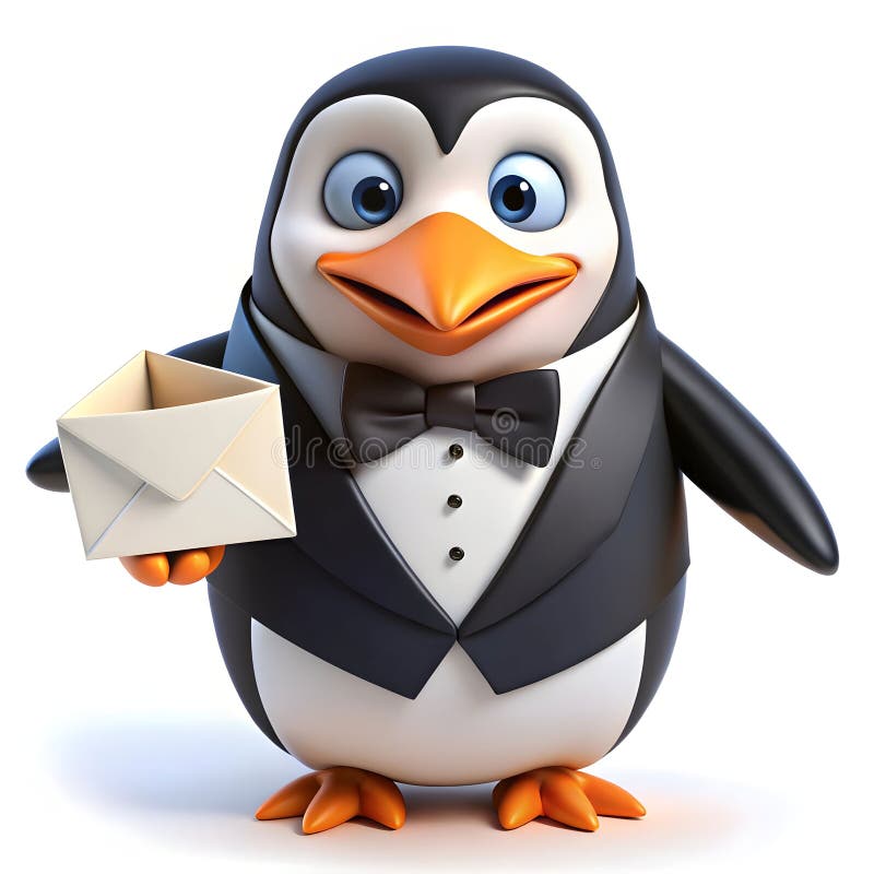 Ein Dapper Pinguin in einem Tuxedo liefert Einladungen für Hochzeiten lizenzfreie abbildung