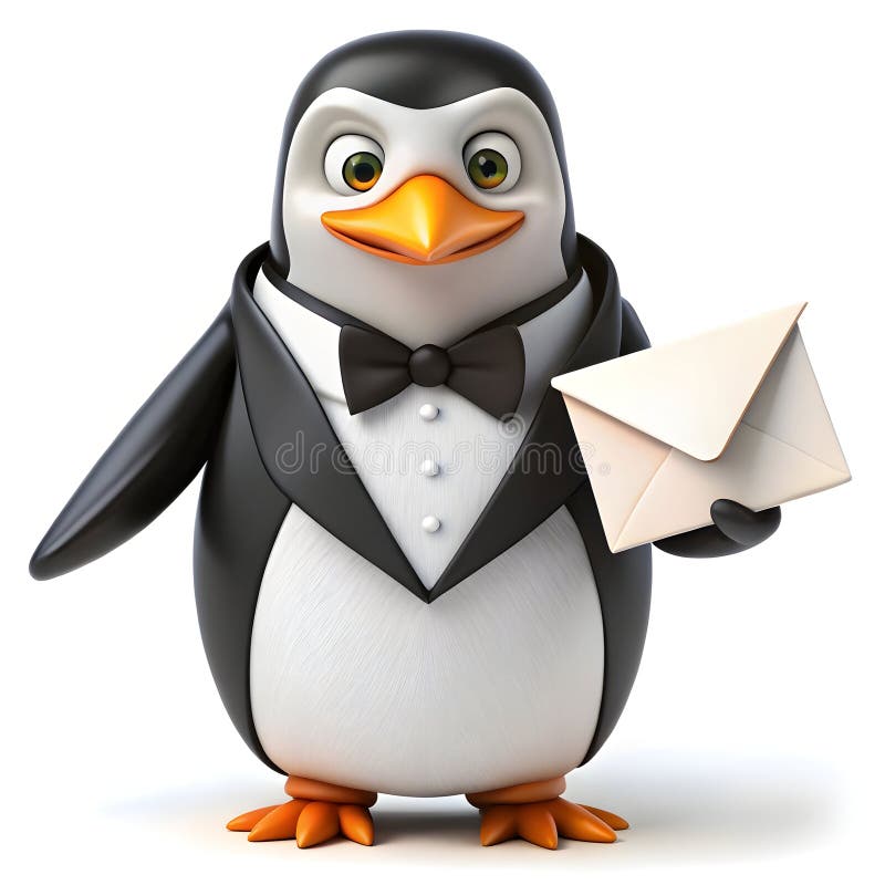 Ein Dapper Pinguin in einem Tuxedo liefert Einladungen für Hochzeiten lizenzfreie abbildung