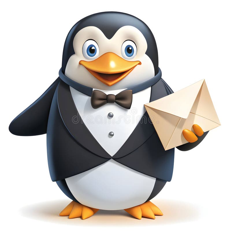 Ein Dapper Pinguin in einem Tuxedo liefert Einladungen für Hochzeiten stock abbildung