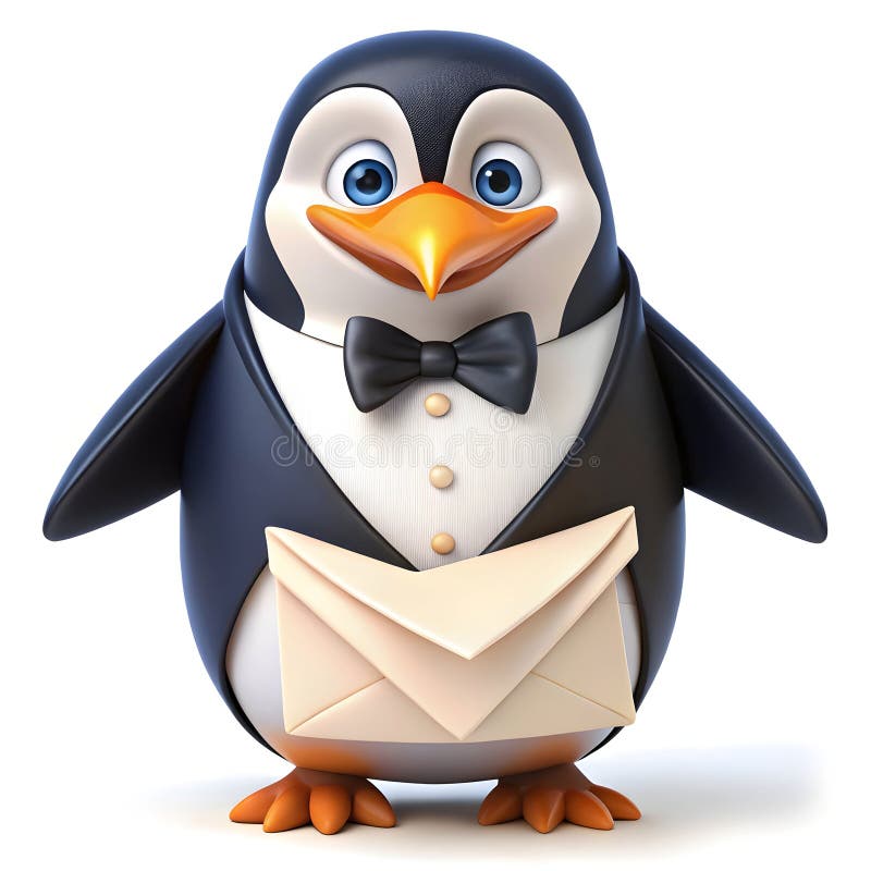 Ein Dapper Pinguin in einem Tuxedo liefert Einladungen für Hochzeiten stock abbildung