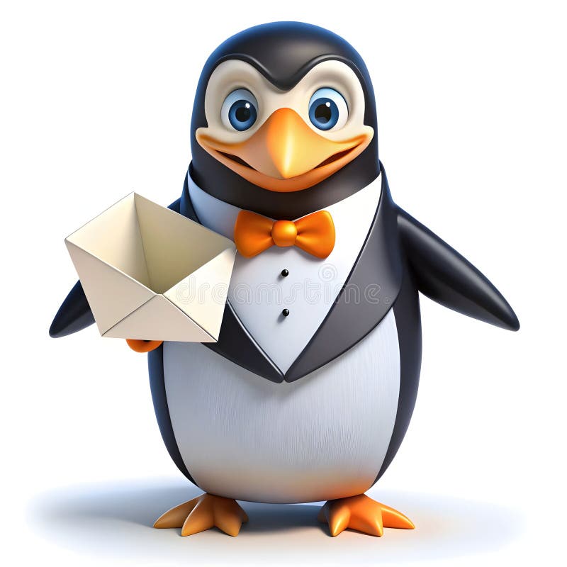 Ein Dapper Pinguin in einem Tuxedo liefert Einladungen für Hochzeiten lizenzfreie abbildung