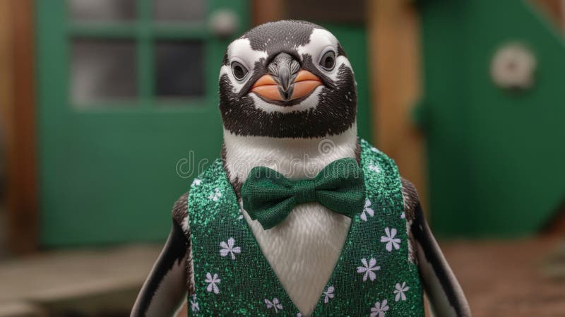 Ein Dapper Pinguin in einer grünen Shamrock-Weste und Bogen-Krawatte vektor abbildung