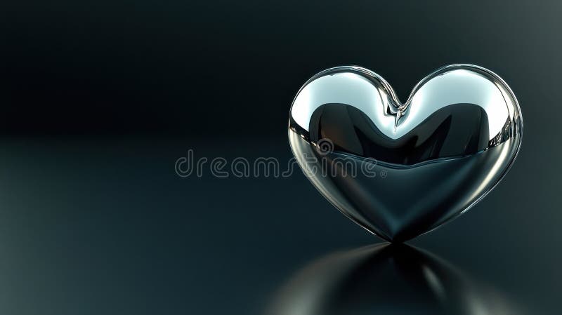 Ein dunkles metallisches Herz auf dunkler Oberfläche reflektiert das helle Konzept von Liebe und Zuneigung stockfotografie