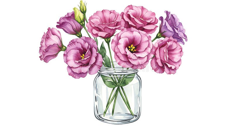 Ein durchsichtiges Glas hält einen Bouquet mit blühenden rosa und violetten Eustoma-Blumen stock abbildung