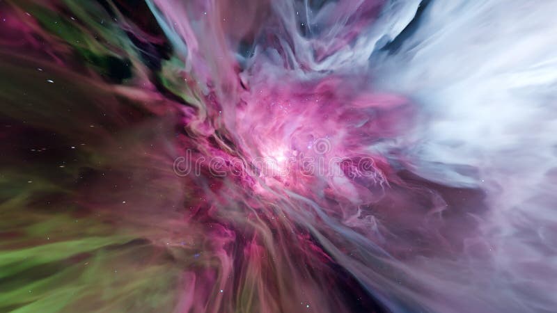 Ein dynamischer kosmischer Nebel zeigt wirbelnde Wolken aus rosa grün und weiß Gas im tiefen Raum. Die auffallenden Farbmuster sch stock abbildung