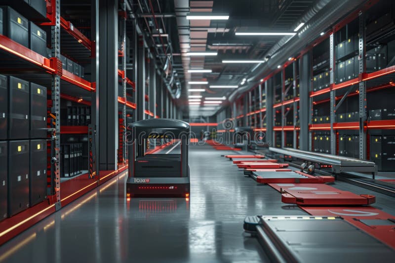 Ein dynamisches Hightech-Lager mit autonomen Gabelstaplern und Robotern stockfotos
