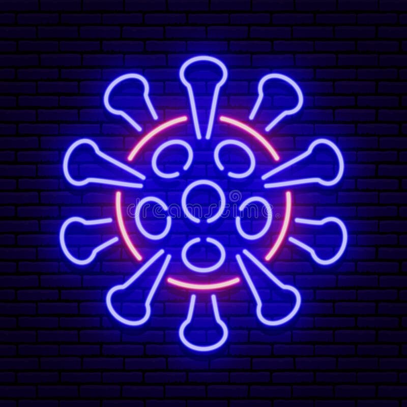 Ein einfaches Neonzeichen in Form eines Coronavirus an einer Ziegelmauer mit Schatten Für Ihr Design stock abbildung