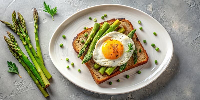 Ein einfaches und dennoch elegantes Frühstück, das mit einem sonnig-zarten Spargelspeer und frischen grünen Erbsen auf einem Hügel stock abbildung
