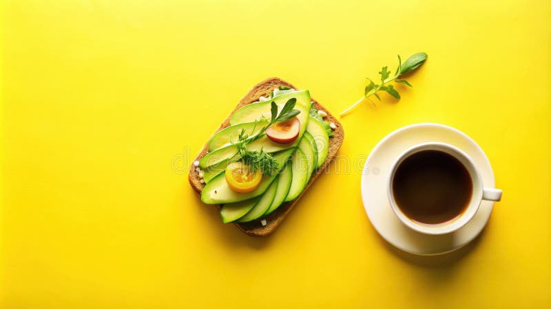 Ein einfaches und dennoch elegantes Frühstück mit einem Avocado Toast mit lebendigem Gemüse und einer Tasse aromatischen Kaffee. lizenzfreie abbildung