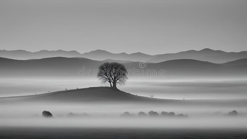 Ein einsamer Baum steht auf einem Hügel, umgeben von Nebel in Schwarz-Weiß. Eine ai-erzeugte Abbildung von Einzelbaum auf einem Hügel mit Fogclad in Monochrome
