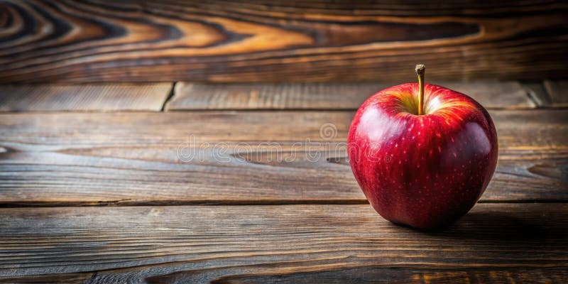 Ein einzelner reifer roter Apfel sitzt auf einer rustikalen Holzfläche mit lebendiger Farbe und natürlicher Textur. Generative AI stock abbildung