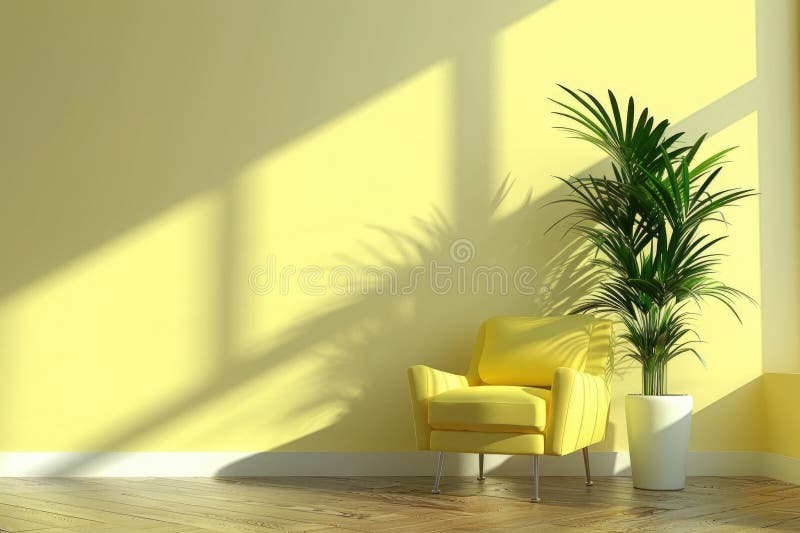 Ein einziger gelber Stuhl sitzt neben einer kleinen Topfpflanze in einem ruhigen Raum lizenzfreies stockbild