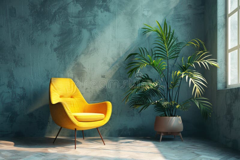 Ein einziger gelber Stuhl sitzt neben einer Topfpflanze, perfekt für ein gemütliches Zuhause oder Büro stockfoto