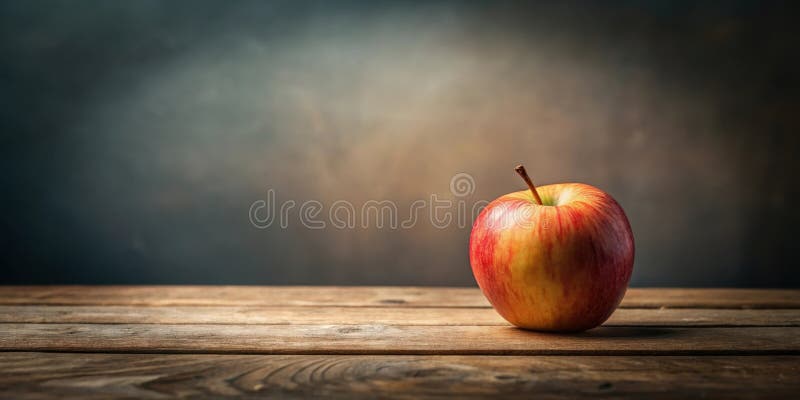 Ein einziger reifer roter Apfel ruht auf einer rustikalen Holzoberfläche auf einem verschwommenen Hintergrund. Generative AI lizenzfreie abbildung