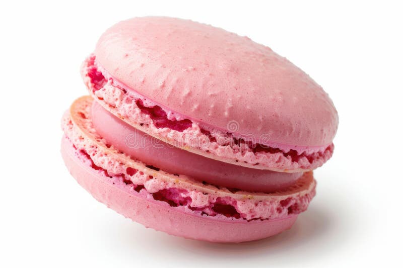 Ein einziger rosa Macaron mit einer zarten, knusprigen Schale und glatter Füllung, isoliert auf weißem Hintergrund lizenzfreie abbildung