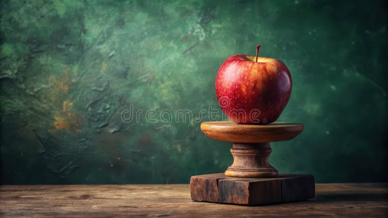 Ein einziger roter Apfel sitzt auf einem kleinen Holzsteg vor dunkelgrünem Hintergrund. Generative AI vektor abbildung