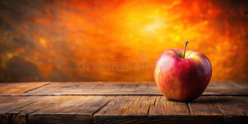Ein einziger roter Apfel sitzt auf einem rustikalen Holztisch vor einer warmen Herbstkulisse. Generative AI lizenzfreie abbildung