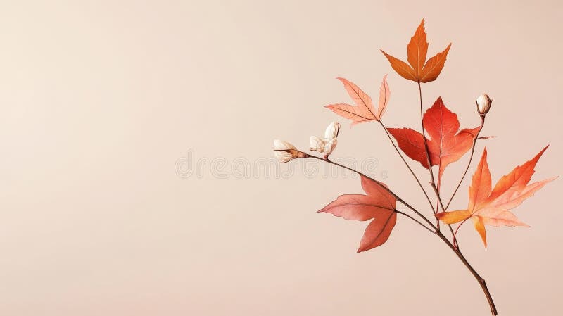 Ein einziger Zweig mit zarten Herbstblättern in Pastelltönen vor einem weichen rosa Hintergrund, der die Natur des Wandels symboli stock abbildung