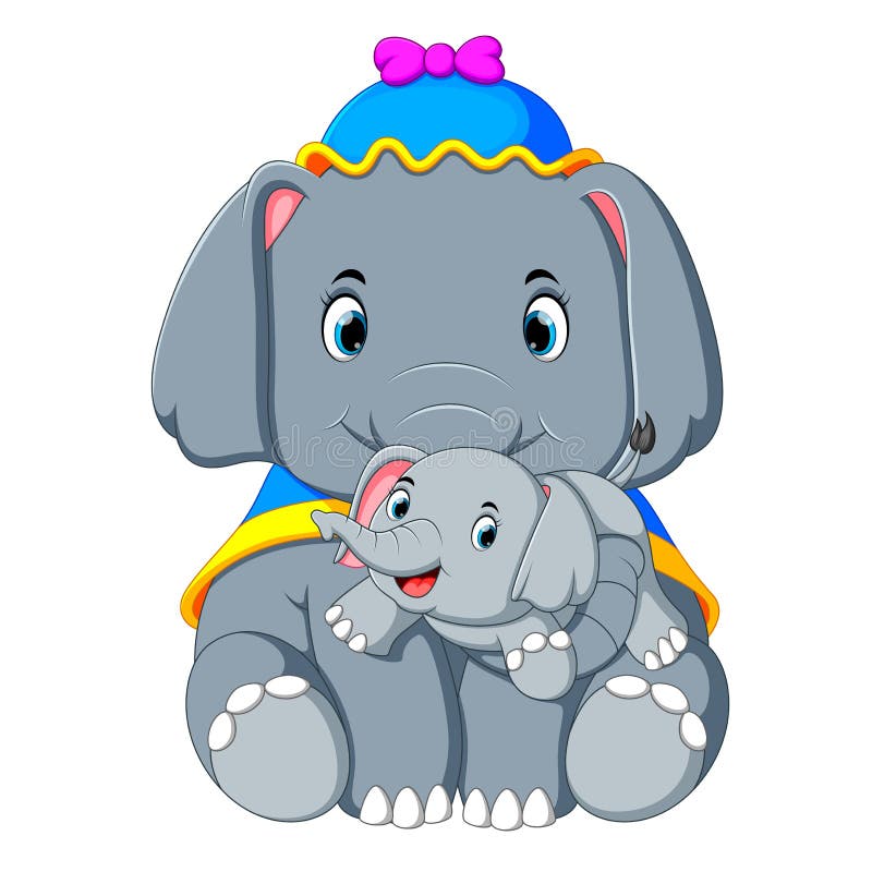 Ein Elefant, der einen blauen Hut und ein glückliches Spielen mit einem netten kleinen Elefanten trägt stock abbildung Ein Elefant, der einen blauen Hut und ein glückliches Spielen mit einem netten kleinen Elefanten trägt stock abbildung