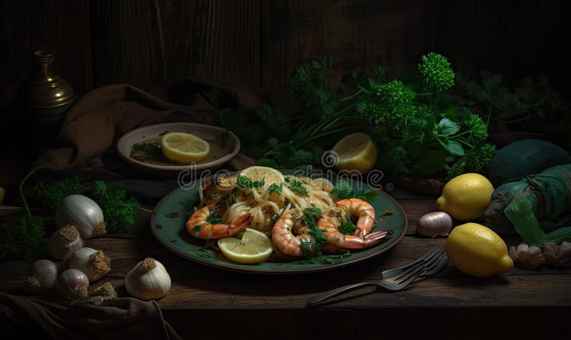 Ein eleganter und köstlicher Teller Knoblauchgarnele mit Petersilie, gesund und proteinreich. generative Hilfe stock abbildung