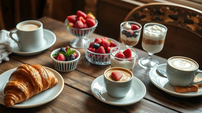 Ein elegantes Frühstücksbuffet, das perfekt für ein kulinarisches Banner geeignet ist stock abbildung