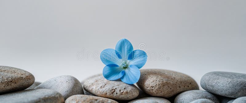Ein enger Schuss eines Felsenbündels, das eine einsame blaue Blüte in seiner Mitte umfasst. lizenzfreies stockfoto