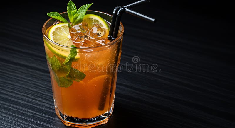 Ein erfrischender Eistee-Cocktail sitzt in einem klaren Glas auf einer dunklen Holzoberfläche. Die lizenzfreie abbildung