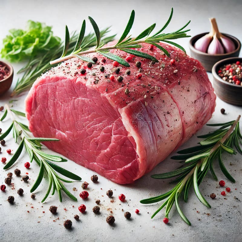 Ein erstklassiges Stück Rinderbraten ist umgeben von frischen Kräutern wie Rosmarin und Pfefferkörnern. Knoblauch und Gewürze verl stock abbildung