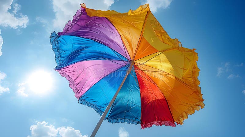 Ein farbenfroher Regenschirm mit Sonnenschein hinter seinem Dach. Eine ai generierte Abbildung eines lebendigen Regenschirms mit Sonnenschein durch Baumkronen