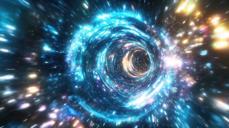 Ein faszinierender blauer kosmischer Wirbelsturm, der helle Lichter und Sterne wirft. Eine atemberaubende Aussicht auf den Weltrau stock abbildung