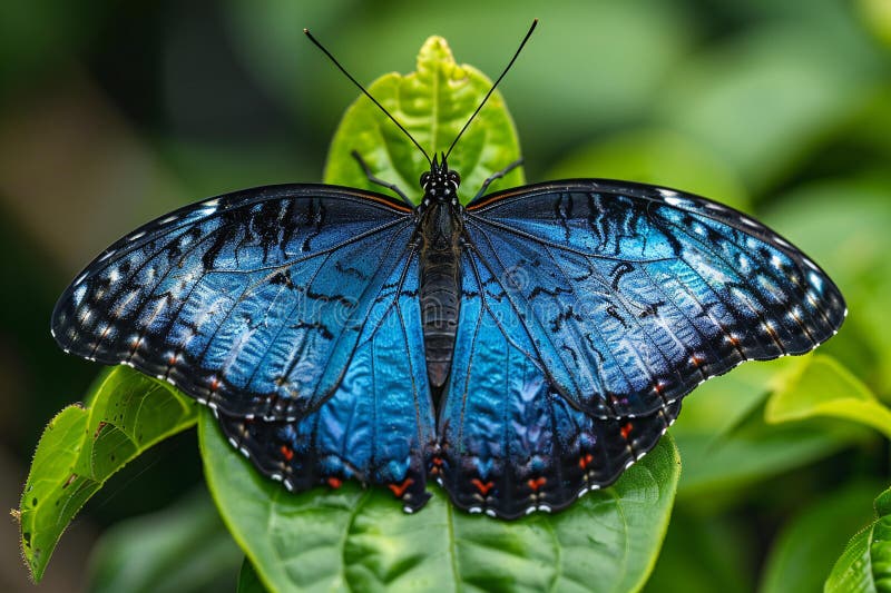 Ein faszinierender blauer Schmetterling mit schwarzen Flügelkanten auf grünen Blättern im Regenwald. Der Fokus liegt auf den Flüge lizenzfreie abbildung