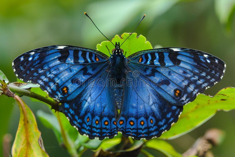 Ein faszinierender blauer Schmetterling mit schwarzen Flügelkanten auf grünen Blättern im Regenwald. Der Fokus liegt auf den Flüge vektor abbildung