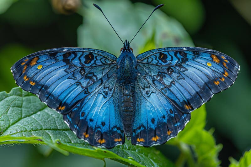 Ein faszinierender blauer Schmetterling mit schwarzen Flügelkanten auf grünen Blättern im Regenwald. Der Fokus liegt auf den Flüge lizenzfreie abbildung