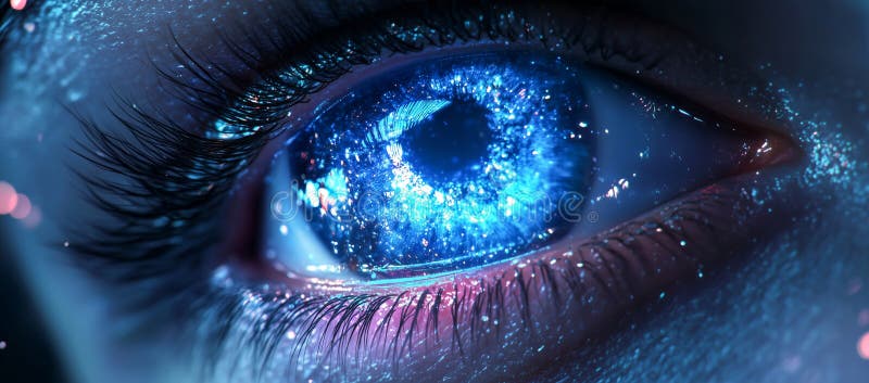 Ein faszinierendes blaues Auge voller funkelnder Lichter erfasst die Schönheit der menschlichen Iris vektor abbildung