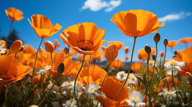 Ein Feld mit orangefarbenen Blumen. generative Hilfe. stock abbildung