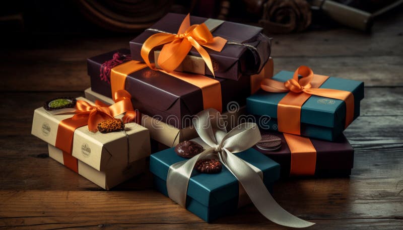 Ein festlicher Haufen von Geschenkschachteln, verpackt in glänzendem Papier, das aus ai stock abbildung