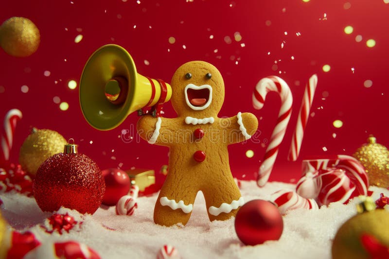 Ein festlicher Lebkuchenmann mit einem Megaphon, umgeben von funkelnden Ornamenten und Bonbons lizenzfreie stockbilder