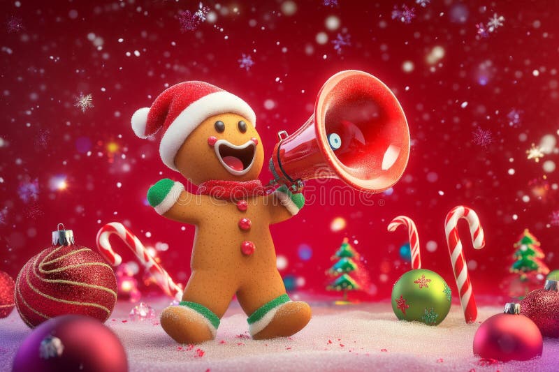Ein festlicher Lebkuchenmann mit einem Megaphon, umgeben von funkelnden Ornamenten und Bonbons lizenzfreies stockfoto