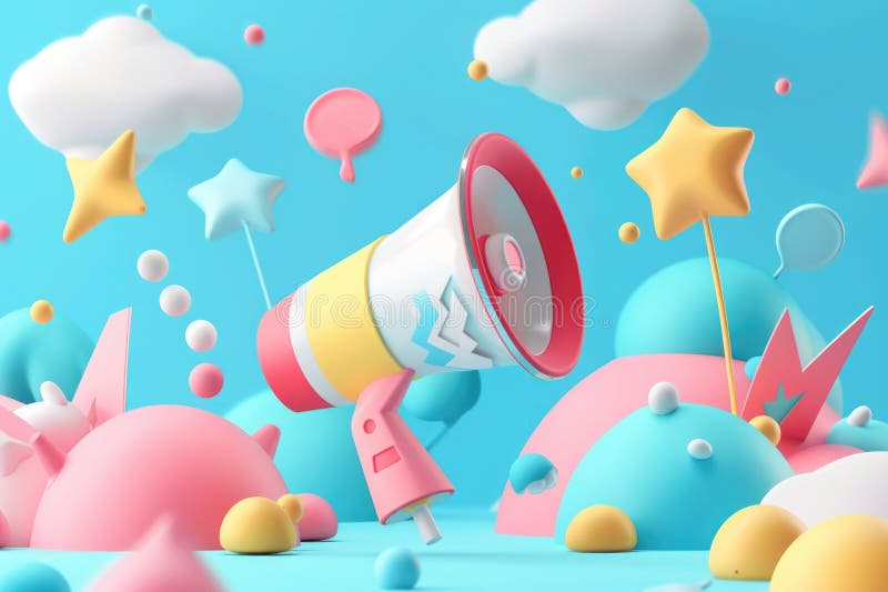 Ein festliches Bild mit einem Megaphon, umgeben von Ballons und Sternen. perfekt für Werbeveranstaltungen oder Feiern stockbilder