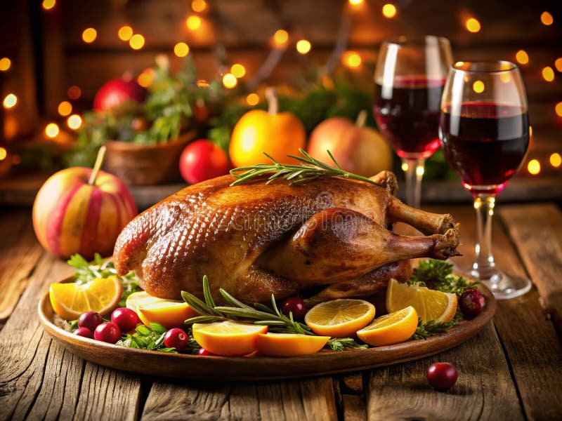 Ein festliches Weihnachtsfest Weihnachtsgoose geröstet mit Äpfeln Orangen und Rotwein Ein köstlich traditioneller Urlaub lizenzfreie abbildung