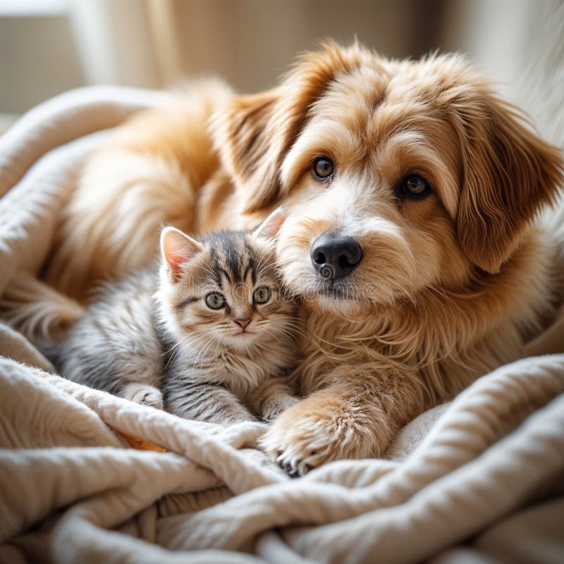 Ein flauschiger Hund und ein kleines Kätzchen sitzen auf einer weichen Decke zusammen lizenzfreie abbildung