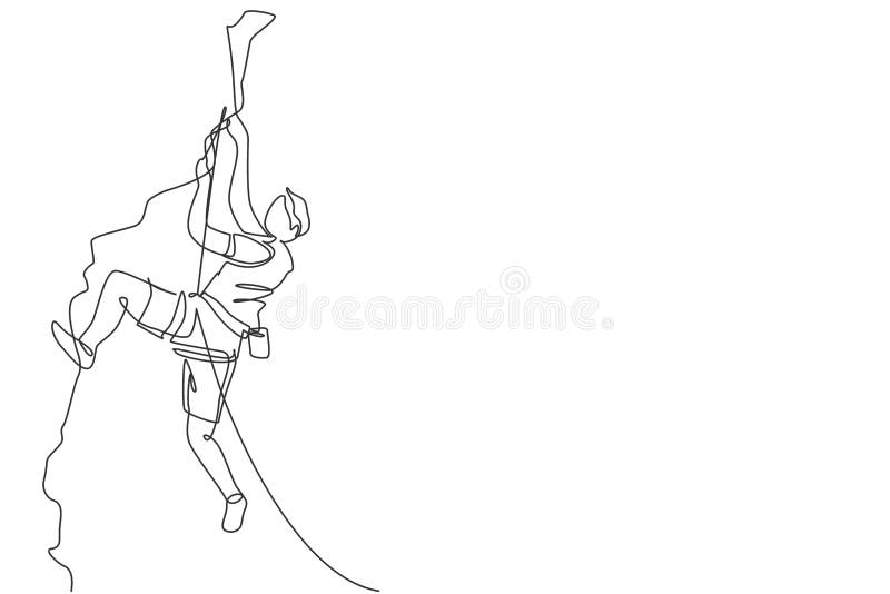 Single continuous line drawing of young muscular rockclimber man climbing hanging on mountain grip. Outdoor active lifestyle and rock climbing concept. Trendy one line draw design vector illustration. Single continuous line drawing of young muscular rockclimber man climbing hanging on mountain grip. Outdoor active lifestyle and rock climbing concept. Trendy one line draw design vector illustration