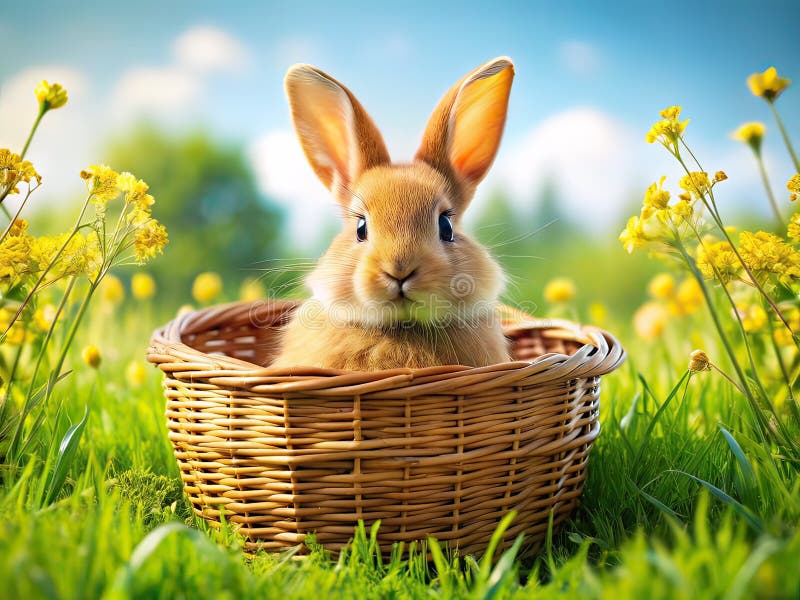Ein friedliches Frühlingsszenario Fotorealistisches Dokumentarporträt eines flauschigen Bunny in einem Korb lizenzfreie abbildung