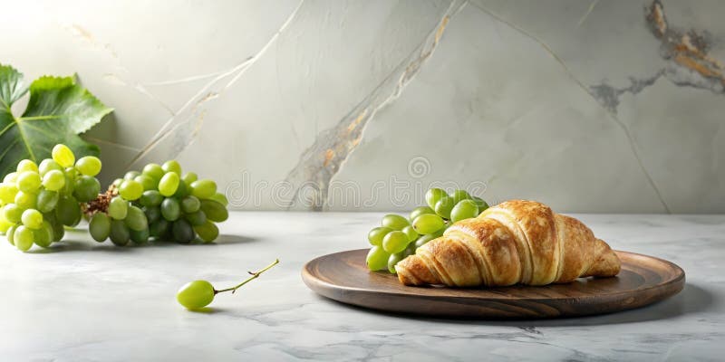 Ein frisch gebackenes Croissant steht neben einem Haufen grüner Trauben auf einem Holztisch und schafft so eine einfache und elega lizenzfreie abbildung