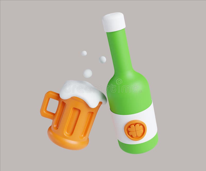 Ein fröhlicher Bierkrug und eine grüne Flasche mit Kleeblatt Design 3D Rendering Illustration. lizenzfreie abbildung