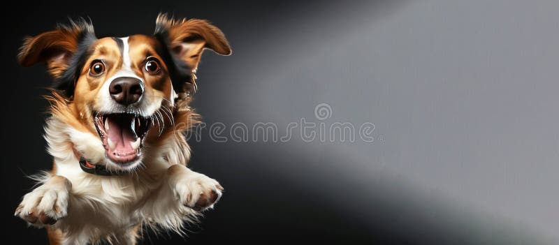 Ein fröhlicher Hund, der sich mit der Zunge nach Essen holt. Schwarzhintergrundisolat. ai generiert. stockfoto