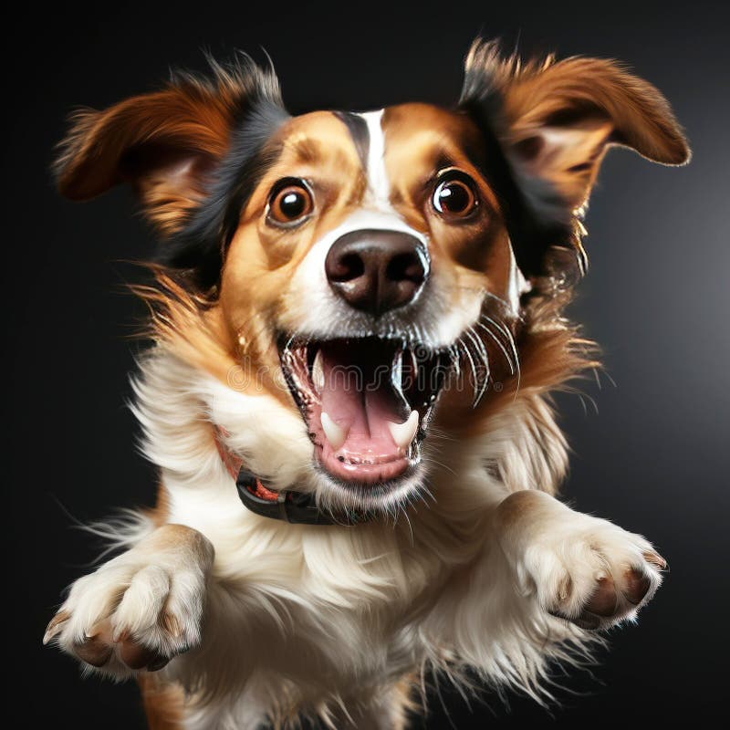 Ein fröhlicher Hund, der sich mit der Zunge nach Essen holt. Schwarzhintergrundisolat. ai generiert. lizenzfreies stockfoto