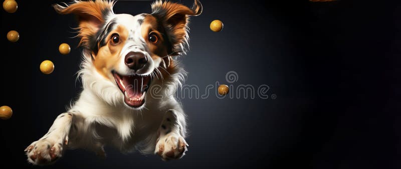 Ein fröhlicher Hund, der sich mit der Zunge nach Essen holt. Schwarzhintergrundisolat. ai generiert. lizenzfreies stockbild